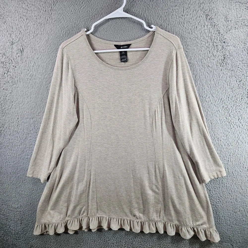 Ali Miles Womens Small Tan Ruffle Hem Tunic Top Long Sleeve Scoop Neck Heathered